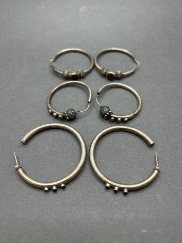 3 Pair of Large Solid Hoop Earings - One Set Marked 925