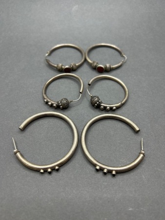 3 Pair of Large Solid Hoop Earings - One Set Marked 925