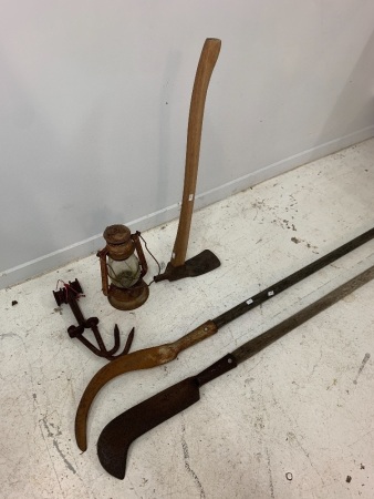 Adze, 2 Brush Hooks, Pair of Rusty Butchers Rail Hooks + Storm Lantern