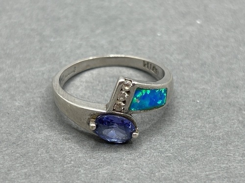 Silver Ring with Tanzanite - Opal - Zircon - Stamped 925 - Size P