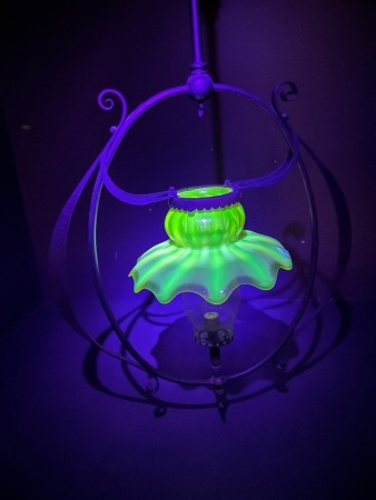 Hanging Metal Gas Lamp with Vaseline/Uranium Glass Shade