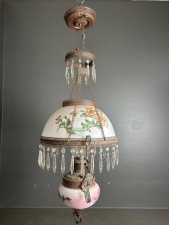 Miller Hanging Oil Lamp with Hand Painted Shade and Font with Drop-in Brass Tank