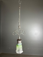 Hanging Copper Gas Lamp with Etched Green/Smoke Glass Shade