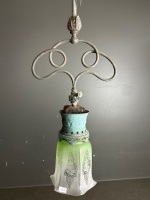 Hanging Copper Gas Lamp with Etched Green/Smoke Glass Shade - 3