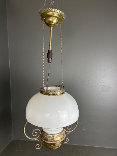 Hanging Brass Oil Lamp (converted to electric) with White Glass Shade