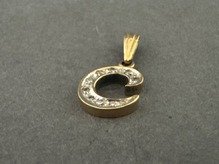 Gold Initial 'C' Pendant with Clear Stones - Stamped 9ct