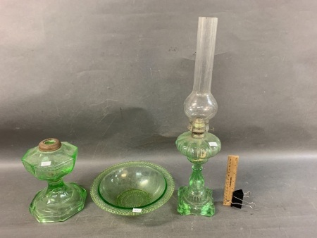 Green Depression Glass Kero Lamp + Lamp Base & Hobnail Rim Bowl