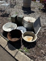 Assorted Aluminium, Metal and Enamelled Trays and Bowls + Metal Hatbox, Tin Containers