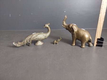 3 x Animal Ornaments - 2 x Brass Elephants - 1 x Brass Look Peacock