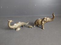 3 x Animal Ornaments - 2 x Brass Elephants - 1 x Brass Look Peacock - 2