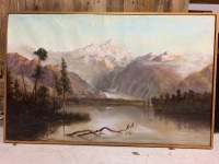 Large Vintage Oil Painting on Canvas - Mt Cook & Glacier - Signed Bottom Left