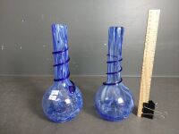 2x Blue Art Glass Vases - With Royal Blue Spiral Feature