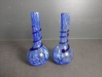 2x Blue Art Glass Vases - With Royal Blue Spiral Feature - 2