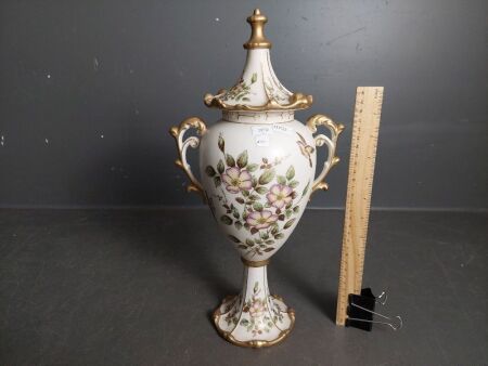 Exquisite Vintage Hand Painted and Gilded Twin-Handled Lidded Urn on Pedestal Base