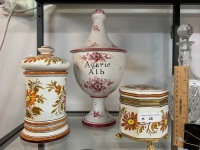 3 Pieces of Hand Painted Italian Pottery inc. Hinged Pot with Gilt Fittings