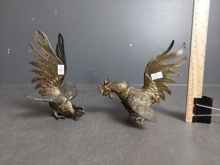 2 x Vintage Fighting Cocks Statues - Brass