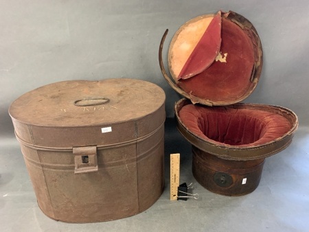 Large Antique Tin Hat Box with Original Leather Internal Box to Take Top Hat
