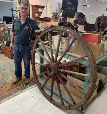 Large Antique Timber Wagon Wheel with Cast Iron Rim