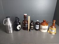 Mixed Beer Growlers & Morris Tawny Port Bottle w. Bells Whiskey Bottle - 2