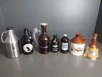 Mixed Beer Growlers & Morris Tawny Port Bottle w. Bells Whiskey Bottle