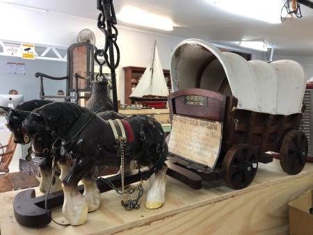 2 x Ceramic Work Horses (1 As Is) + Handcrafted American Style Wagon