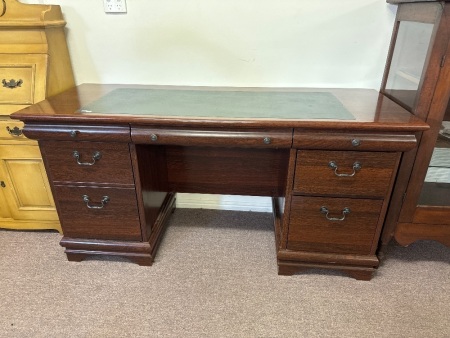 Vintage Look Office Desk with Green Inlay 5 Drawer & Cupboard