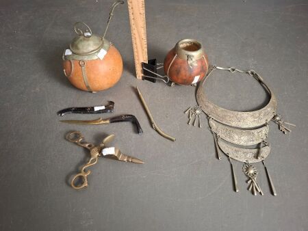 Mixed Lot - Including Thai Hill Tribe Necklace - Argentina Mata Bowl and Gourd Sugar Bowl - Brass Items