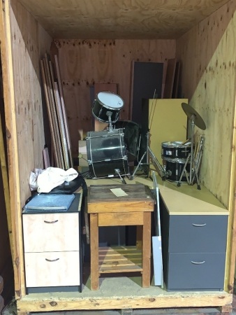 Storage Module Containing Office Desks, Butchers Block, Drum Kit Etc