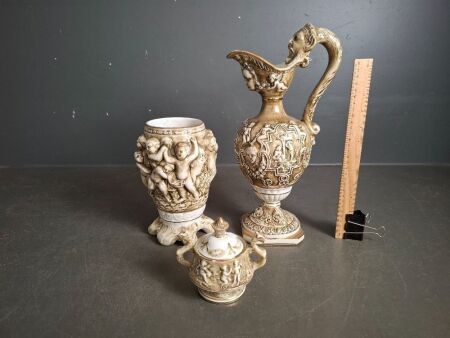 3x Vintage Unique R.Capodimonte Italy Pieces - 1x Vases - 1x Ern - 1x Sugar Bowl