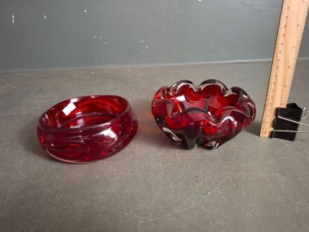 2 x Red Mid Century Murano Glass Ash Trays