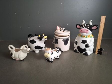 Mix of Cow Printed Tea Pot - 2 x Cookie Jars - 2 x Milk Mugs