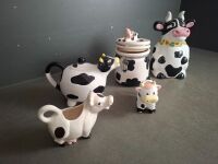 Mix of Cow Printed Tea Pot - 2 x Cookie Jars - 2 x Milk Mugs - 2