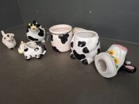 Mix of Cow Printed Tea Pot - 2 x Cookie Jars - 2 x Milk Mugs - 3