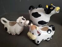 Mix of Cow Printed Tea Pot - 2 x Cookie Jars - 2 x Milk Mugs - 4