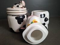 Mix of Cow Printed Tea Pot - 2 x Cookie Jars - 2 x Milk Mugs - 5