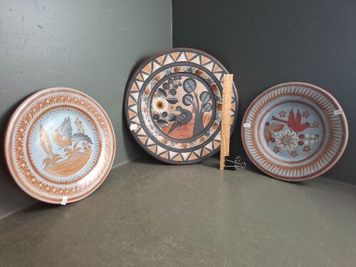 3 Signed Mexican Hand Painted Decorative Wall Plates