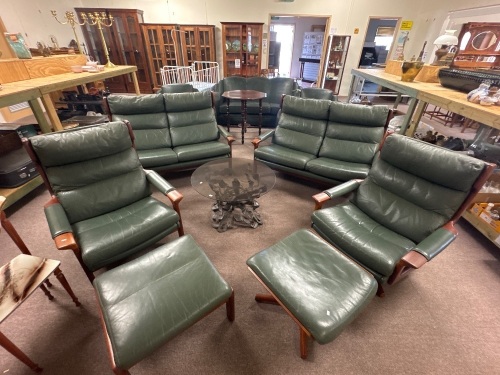 Tessa Green Leather Lounge 2 x 2 Seater & 2 x Single & 2 Foot Stools