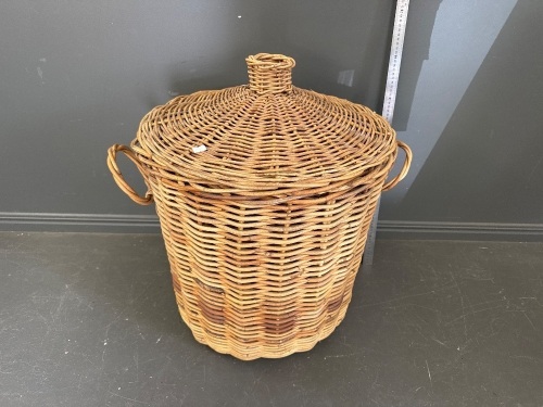 Large Woven Cane Lidded Basket