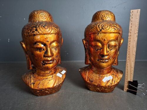 2 x Gold and Bronze Toned Budda Head Statues