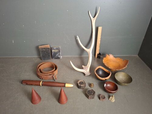 Miscellaneous Trinket Box - Including a Bullet Belt, 3x Wooden Carved Bowls, Minutature Weights and 2x Bibles