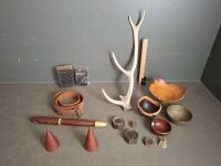 Miscellaneous Trinket Box - Including a Bullet Belt, 3x Wooden Carved Bowls, Minutature Weights and 2x Bibles