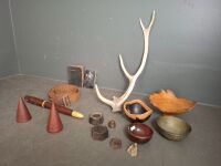 Miscellaneous Trinket Box - Including a Bullet Belt, 3x Wooden Carved Bowls, Minutature Weights and 2x Bibles - 3