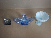 3x Beauitful Blue Glasses - Includes a Blue Murano Glass Vase - Murano Glass Bird - Blue Satin Glass Lotus Compote - 2