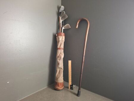 Vintage Childrens Golf Clubs & Bag with Wooden Walking Stick