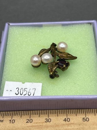 Vintage Bronze Tone Faux Pearl and Amathyst Brooch