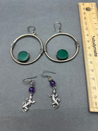 2 Sets of Earrings - Marked 925 - 1 x Hoop Style - 1 x Dangle with Gecko