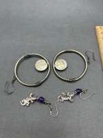 2 Sets of Earrings - Marked 925 - 1 x Hoop Style - 1 x Dangle with Gecko - 2