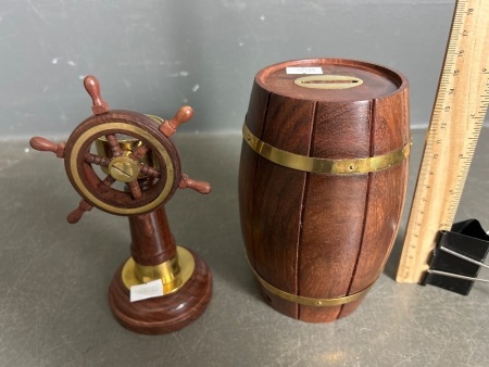 Ships Wheel Compass & Wooden Barrel Money Box