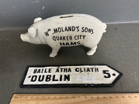 Cast Iron Wm Molands Sons Quaker City Hams Money Box & Baile Atha Cliath Dublion Cast Iron sign