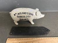 Cast Iron Wm Molands Sons Quaker City Hams Money Box & Baile Atha Cliath Dublion Cast Iron sign - 2